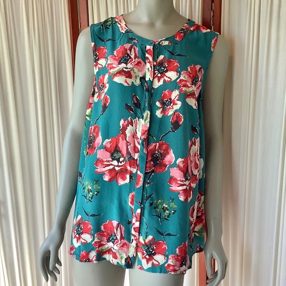 Lucky Brand Top Women's 2X 100% Silk Button Up Teal Pink Red Floral Sleeveless - Picture 1 of 7